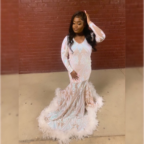 Elegant White(LitePink/BabyBlue)CustomMade MermaidFeather(Bottom)PromDress - Picture 3 of 6